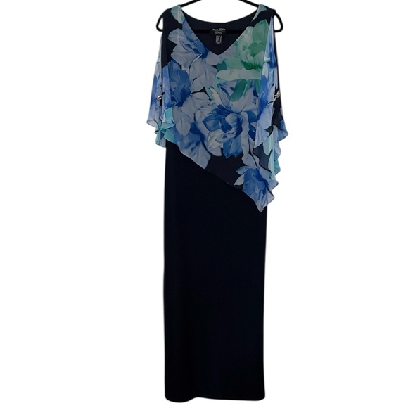 Frank Lyman floral chiffon overlay dress, navy blue w/colorful overlay, size 8 - Picture 3 of 7